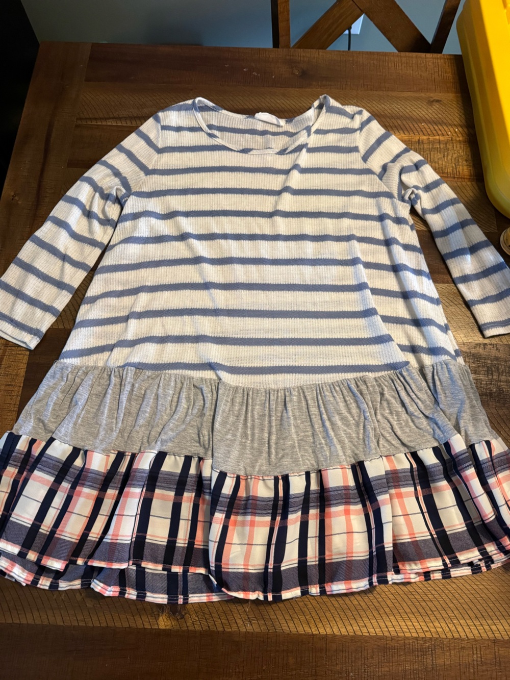 Peach Love California Blue & White Striped Knit Top with Gray Ruffle